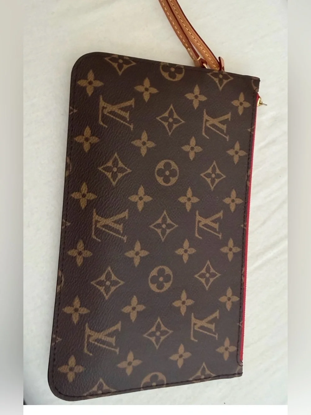 Louis Vuitton Monogram Canvas Wristlet in Brown with Red Trim